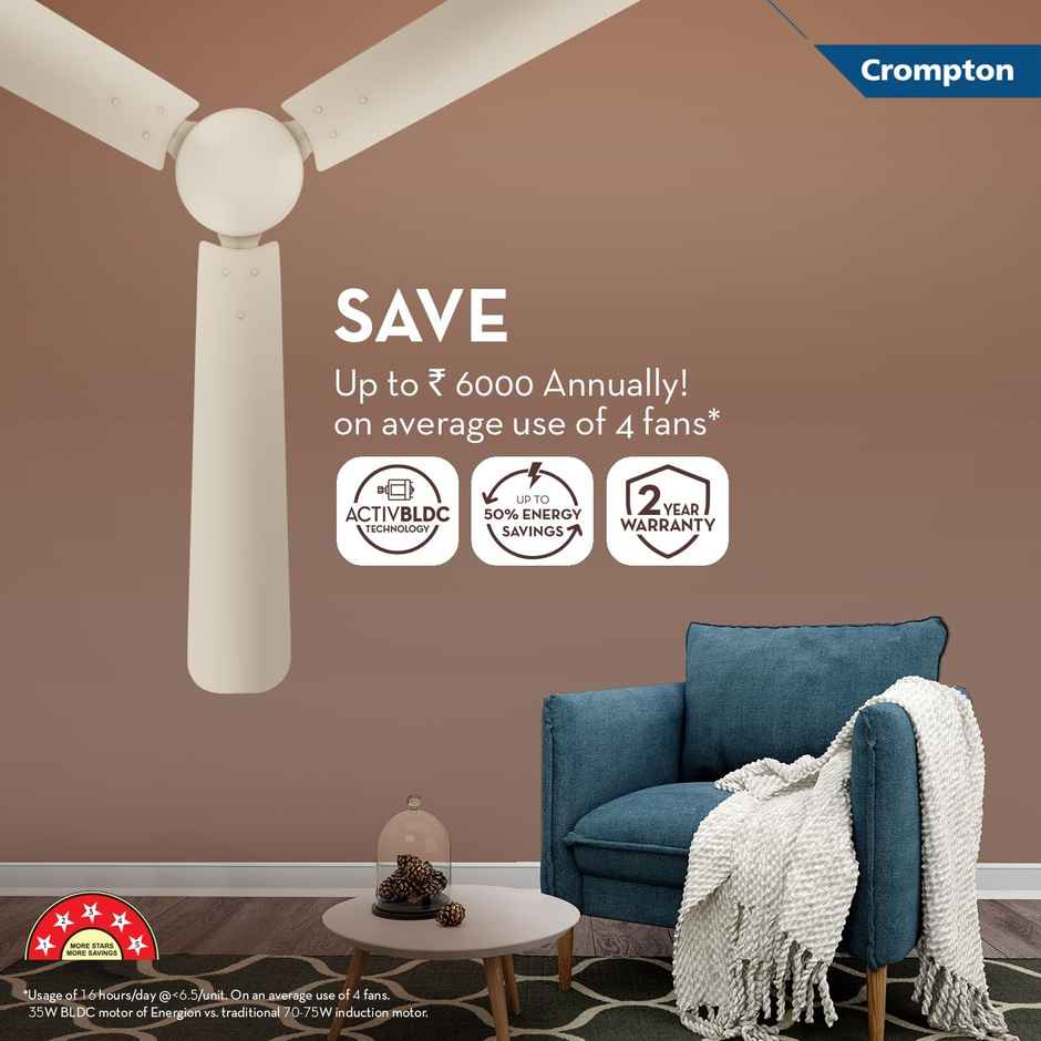 Crompton Energion Hyperjet BLDC Ceiling Fan,1200mm,Remote Control,BEE 5 Star Rated,Anti-Rust,Ivory