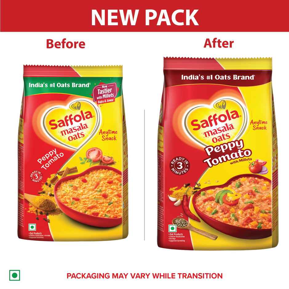 Saffola Masala Oats | Peppy Tomato | Anytime Snack | Ready In 3 Mins | Millets Goodness |500g