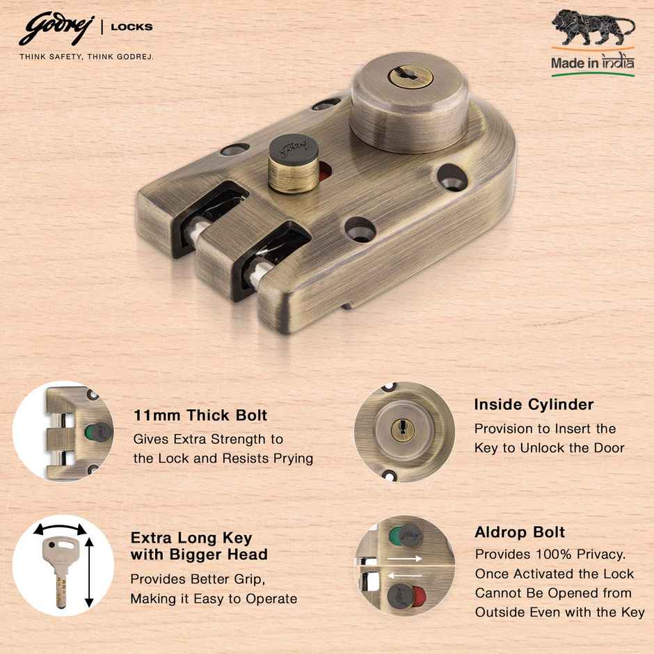 Godrej Rim Lock Vertibolt Ultra XL+ 1Ck Deadbolt | Wooden Doors | Antique Brass Finish
