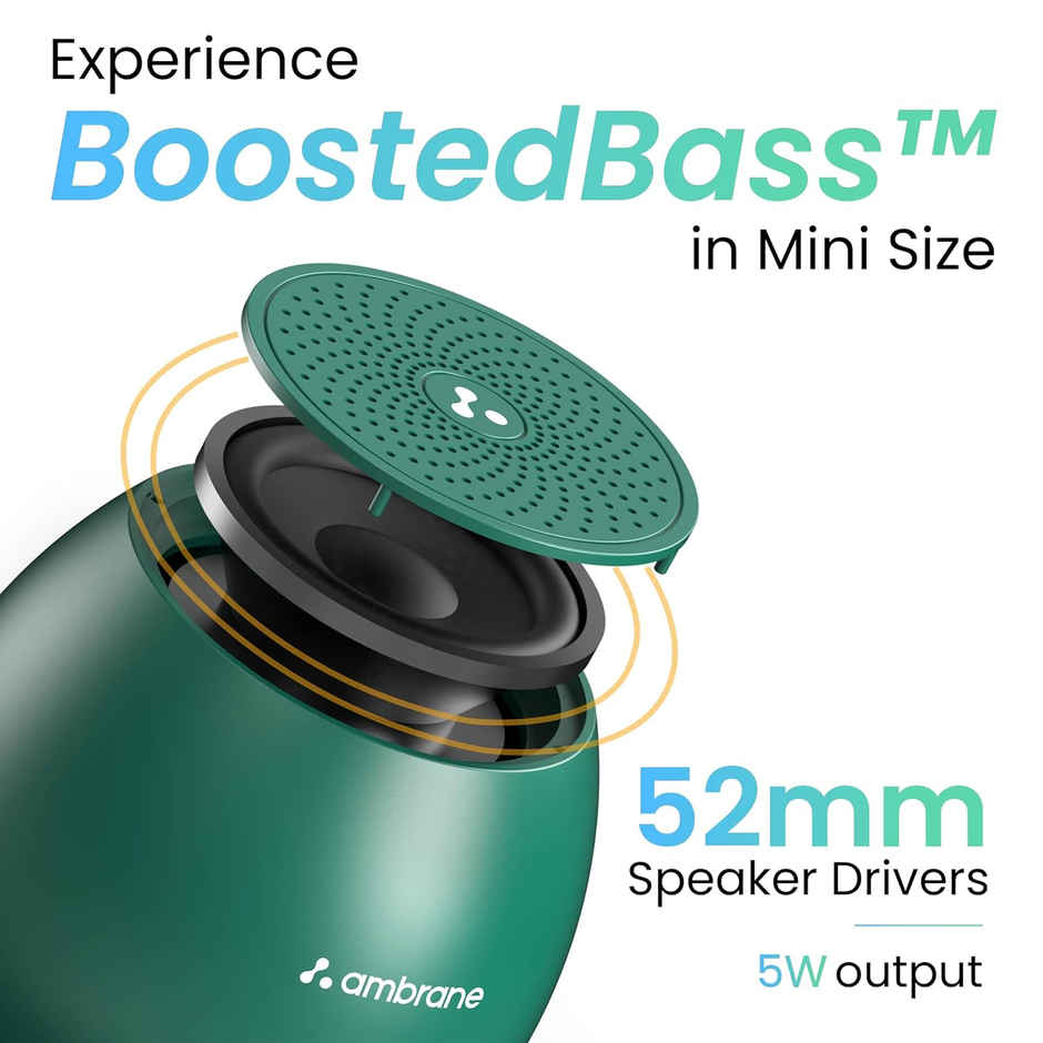 Ambrane 5W Wireless Bluetooth Mini Speaker with 44Hrs Playtime, Immersive Sound, 52mm Driver, Twin Pairing, Integrated Music & Call Control, Built in Mic, IPX4 Water Resistance - Black