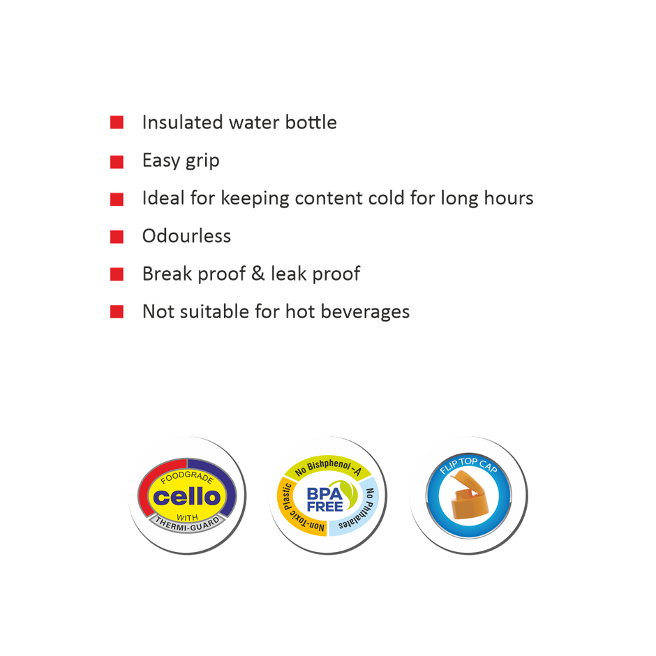 Cello Plastic Puro Classic Water Bottle Keeps Content Cold for Long Hours | Assorted | 730 ml