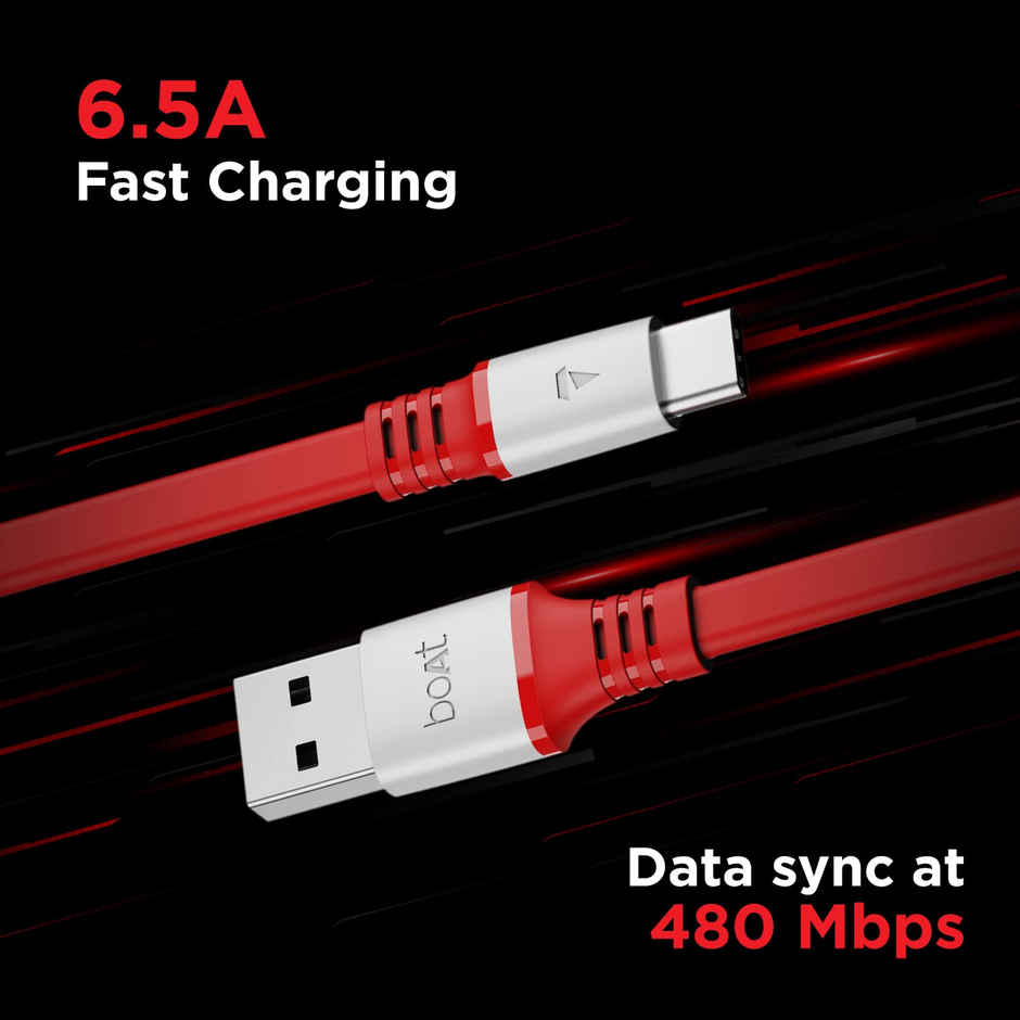 boAt Type C A750 6.5A Flat Super Fast Charging Cable w/Stress Resistance, Upto 65W/6.5Amp & Compatible w/Xiaomi, Oneplus, Samsung, Vivo, Oppo, 480 Mbps Data Transmission Speed,1.5m - Radiant Red