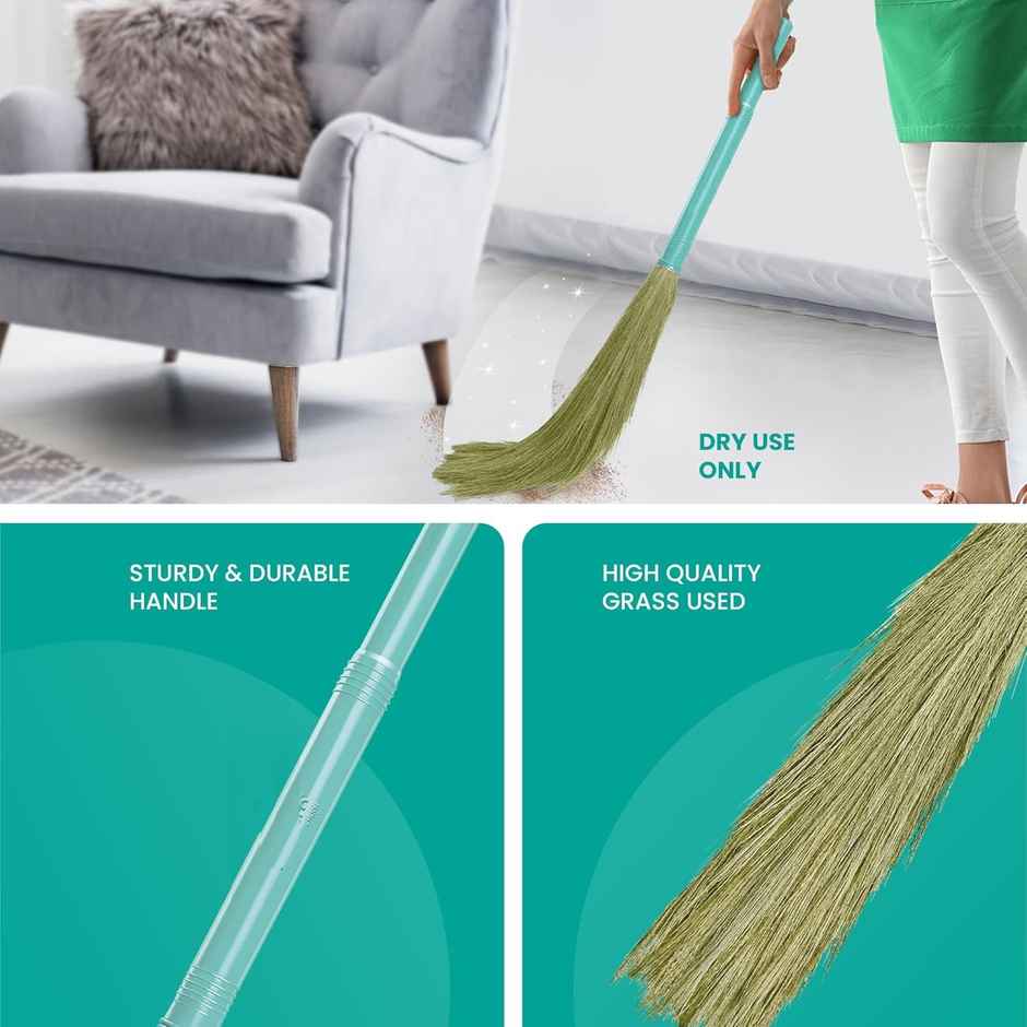 Capsicum Broom Phool Jhadu Natural Grass With Heavy Duty Plastic Handle Floor Cleaning Multi-Color