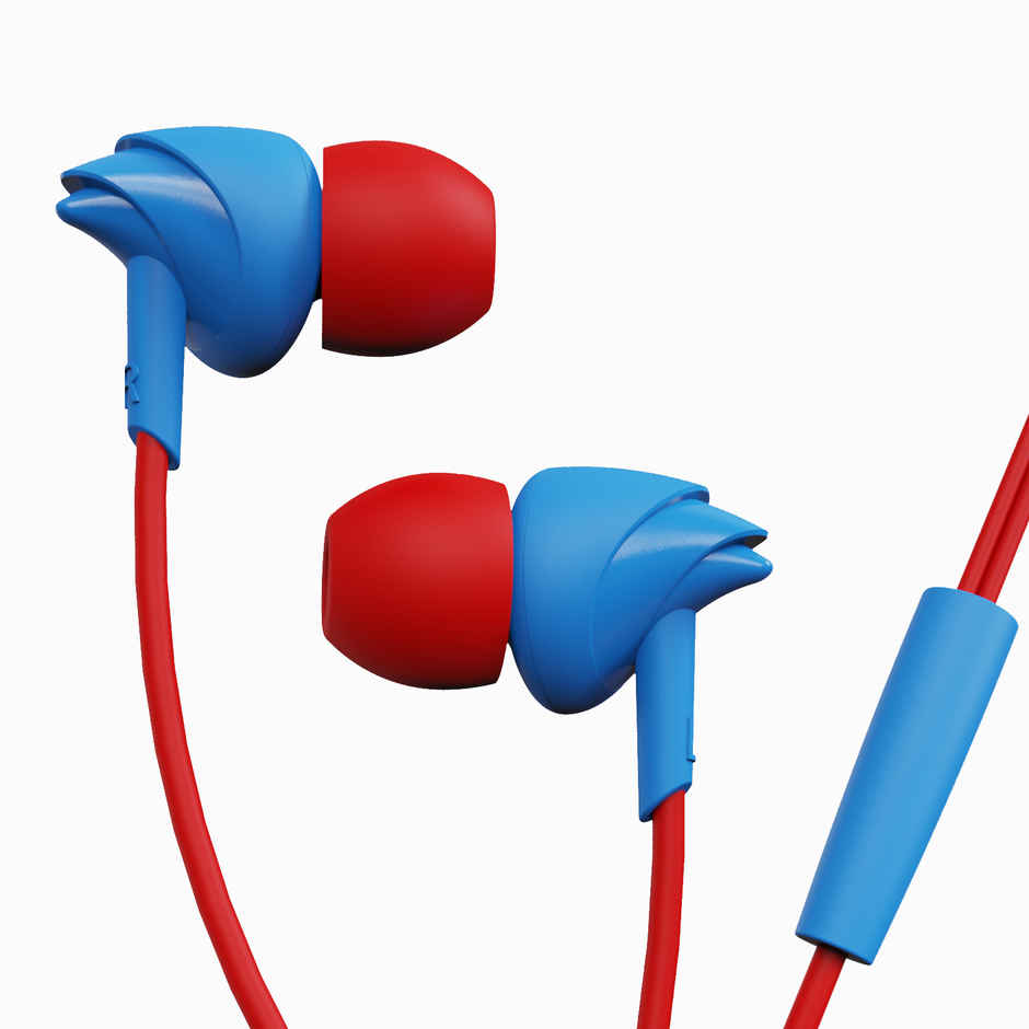 boAt BassHeads 100 Wired Earphones with Hawk Inspired Design, Super Extra Bass & Mic (Red & Blue)