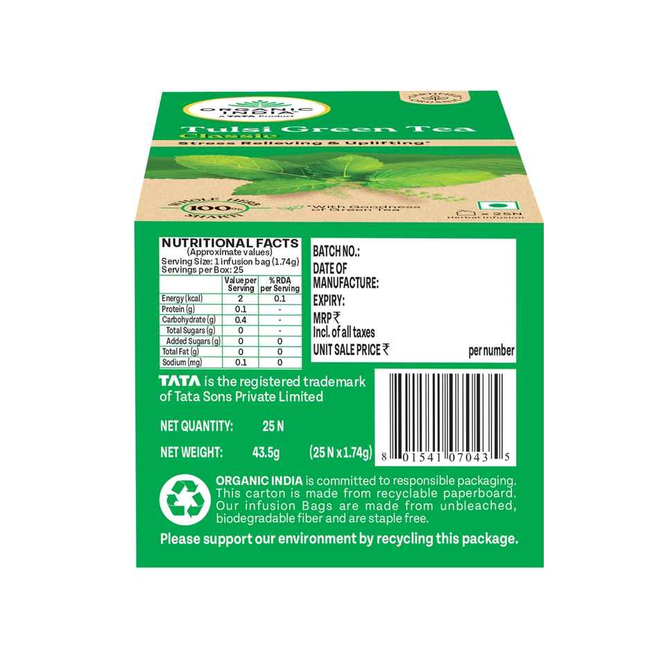 Organic India Tulsi Green Tea Classic Herbal Infusion Bags