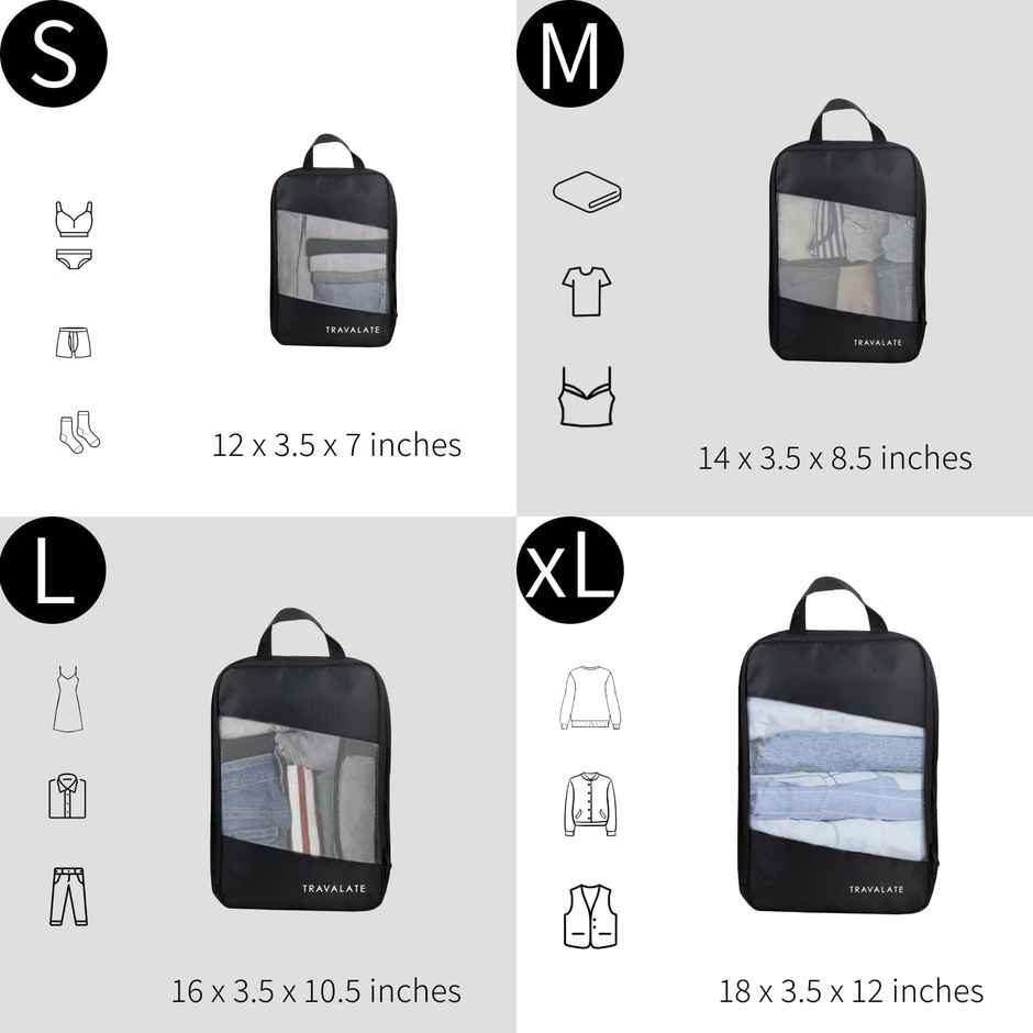 TRAVALATE Polyester 4 Various Sizes Travel Luggage Packing Cubes | Black