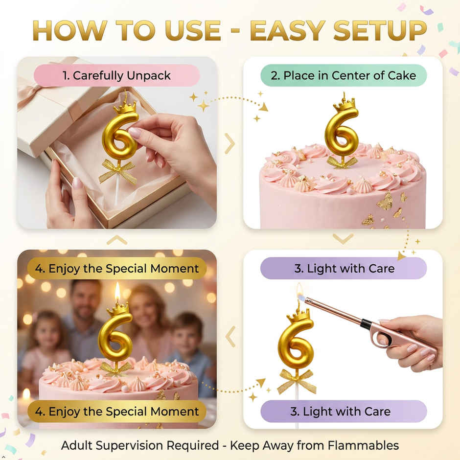 BeyondLuv Candles for Kids Birthday Party 6 Golden Number Candle With Crown