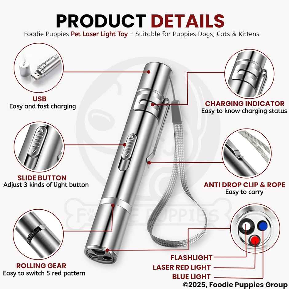 Foodie Puppies 3 in 1 USB Cat Teasing Laser Pointer Silver