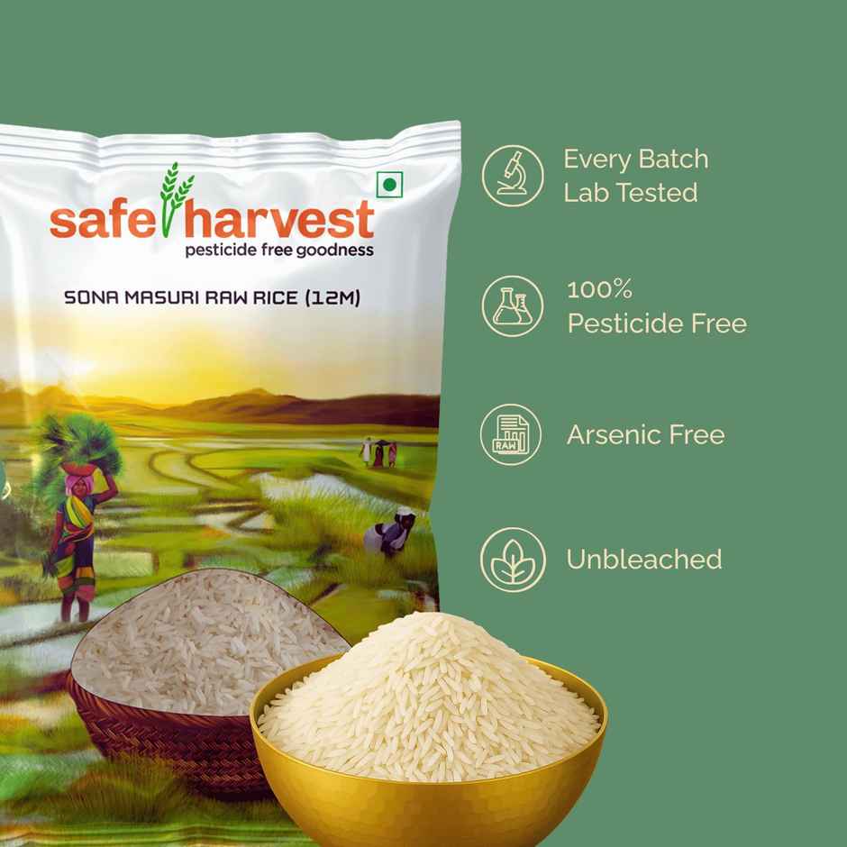 Safe Harvest Sona Masoori Raw Rice 12 Months | Lab-Tested | Pesticide Free