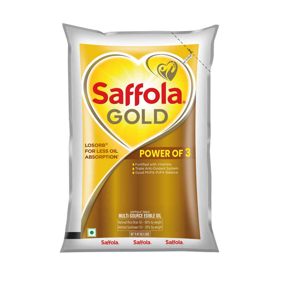Saffola Gold Oil (Pouch) 1 l * 3 & Daawat Rozana Basmati Rice Super 90 5 kg with 1 kg Sugar Free