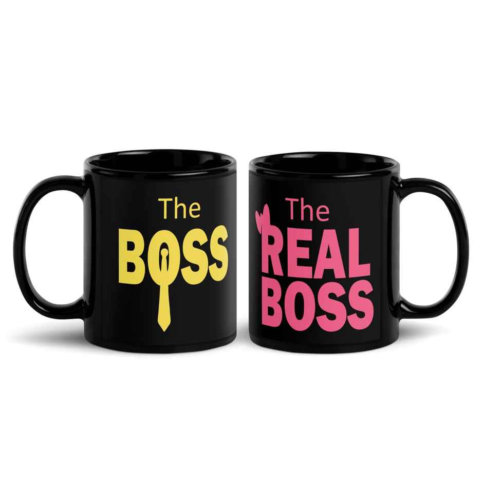 Kooltech The Boss & The Real Boss Design Printed Black Coffee And Tea Ceramic Mug Set Of 2