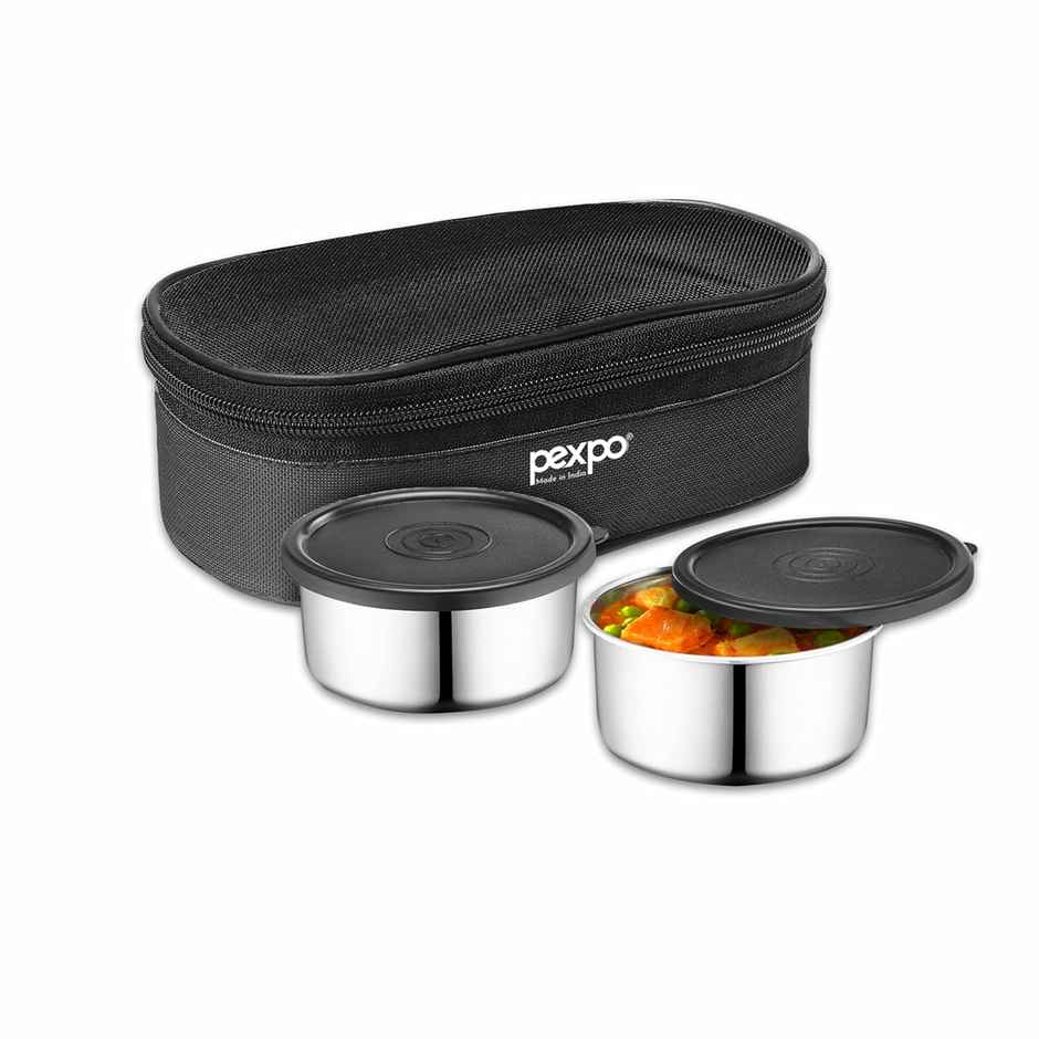 Pexpo Stainless Steel Lunch Box With 2 Leakproof Air-Tight Round Container & Cover Bag (Black) Nano