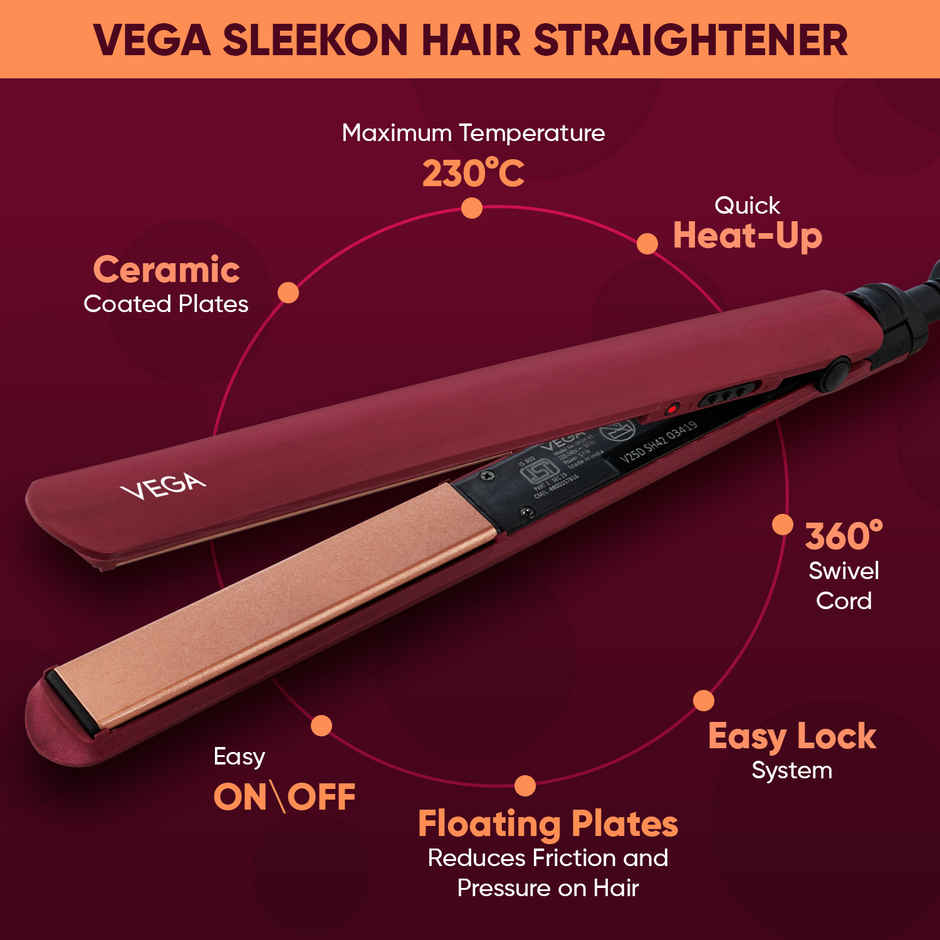 VEGA VHSH-44 (45W) Women's Sleak On Hair Straightener with Ceramic Coated Plate - Red