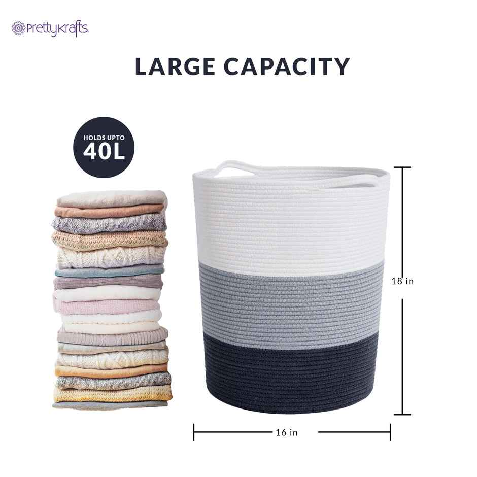 PrettyKrafts Jute Rope Basket | Organizer for Laundry, Gifts & Planters - White, Grey & Black