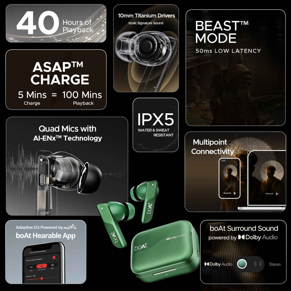 boAt Airdopes 800 TWS Earbuds, Dolby Audio, Adaptive EQ by Mimi, 4Mics AI ENx, App Support, Fast Charge, Low Latency, IPX5, v5.3 Bluetooth - Interstellar Black