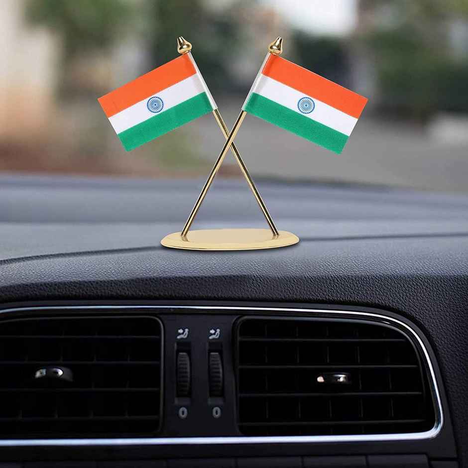 Voila Premium Brass Round Base Indian Flag For Car Dashboard | Interior Desk Decoration