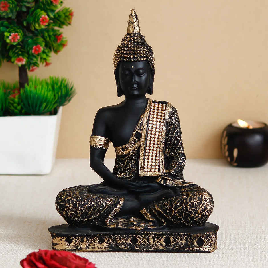 eCraftIndia Black & Golden Polyresin Handcrafted Meditating Lord Buddha Statue