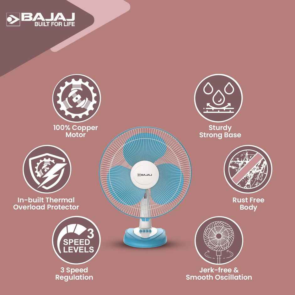 Bajaj Frore Neo Table Fan, 400mm, 3-Speed Control, 100% Copper Motor, White and Blue