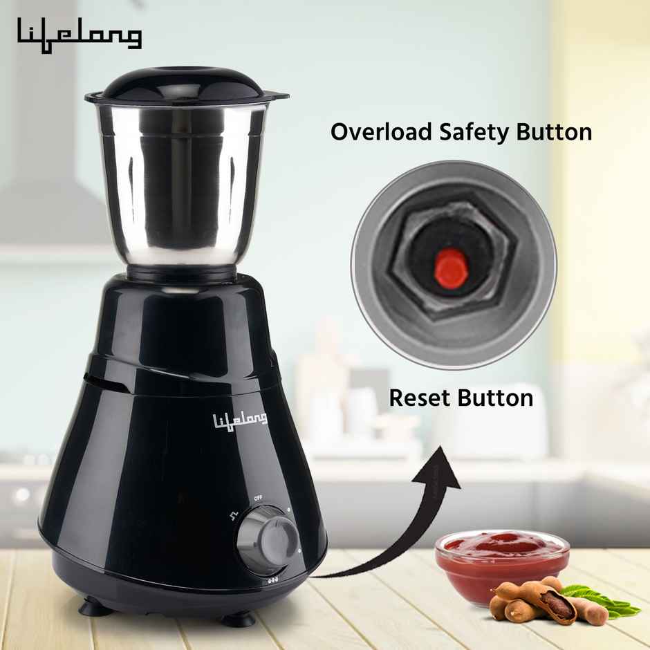Lifelong LLMG202 Mixer Grinder 500W With 2 Jars For Wet & Chutney Grinding - All Stainless-Steel Blades, Black