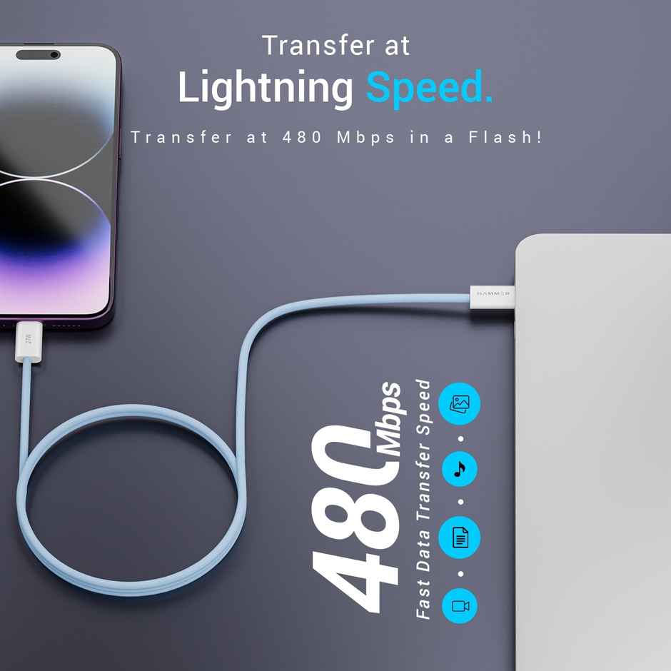 Hammer 27W Type-C to Lightning 8 Pin Nylon Braided Cable, 27W Fast Charging, 480Mbps High Speed Data Transfer & Durable Tangle Free Design, Compatible with iPhone, iPad, iMac, AirPods, 1.2M - Blue