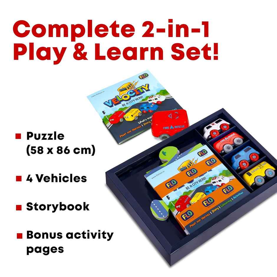 Flo Toys Velocity Rescue Vehicle Puzzle Set - 4 Friction Cars, Floor Puzzle & Storybook for Kids 5+