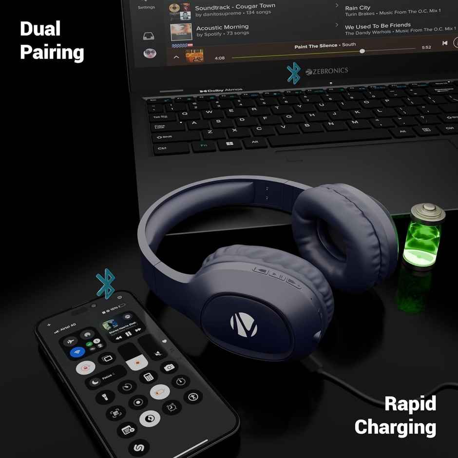 Zebronics Thunder Neo Wireless Over-Ear Headphone, 60Hr Backup, Bt 5.4, Gaming, Deep Bass, Blue