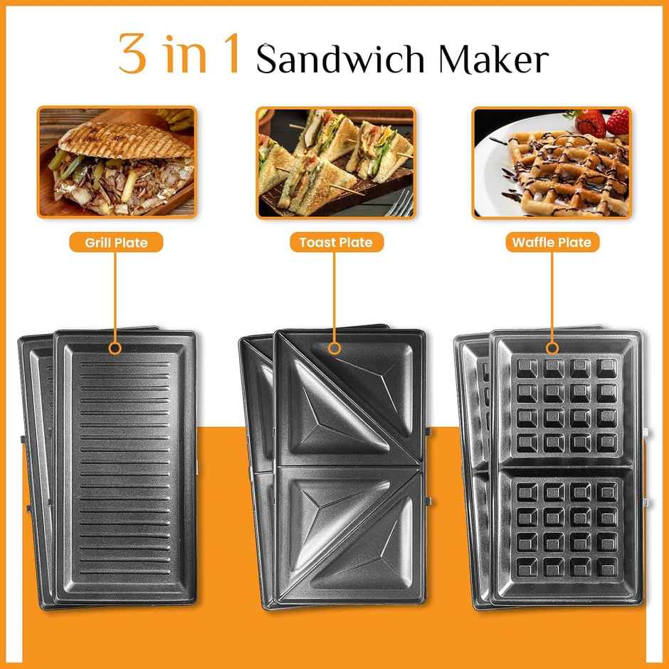 truTRTL Premium 3-in-1 Sandwich Maker Electric with Detachable Plates| 800W| Silver