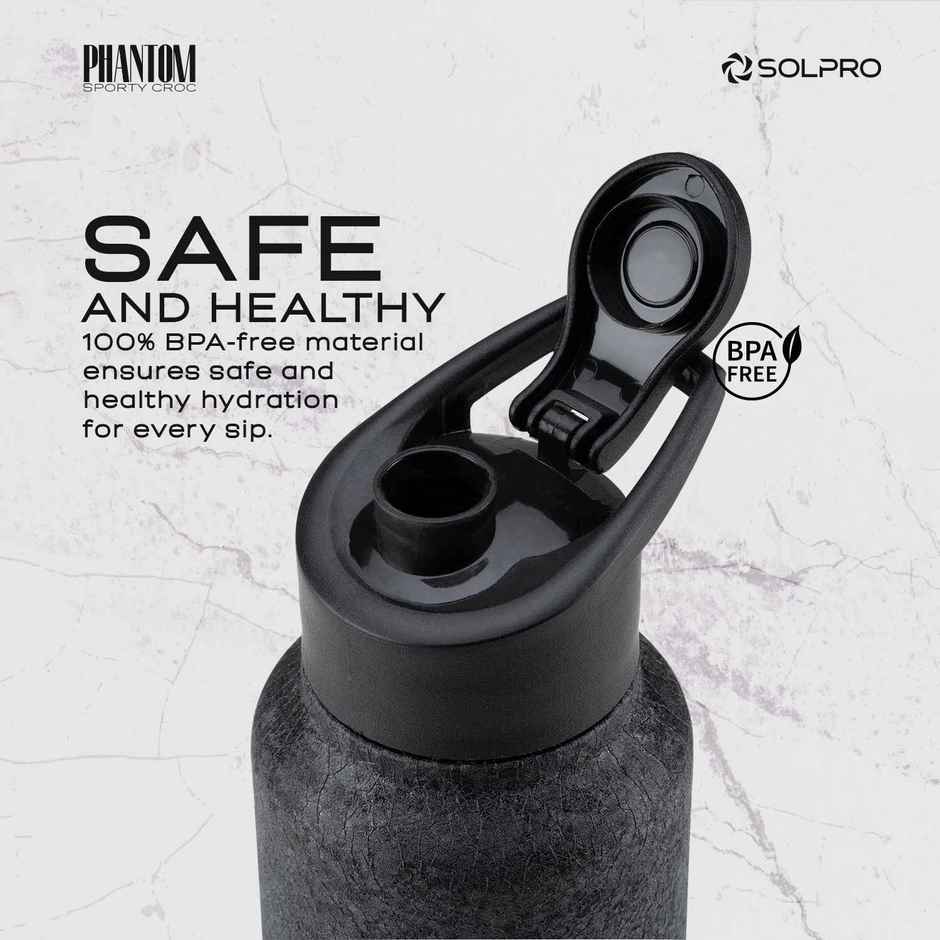 Solpro Phantom Stainless Steel Water Bottle with Flip Top Cap | Gym Bottle | Odor & Bpa Free | 1 L | Black