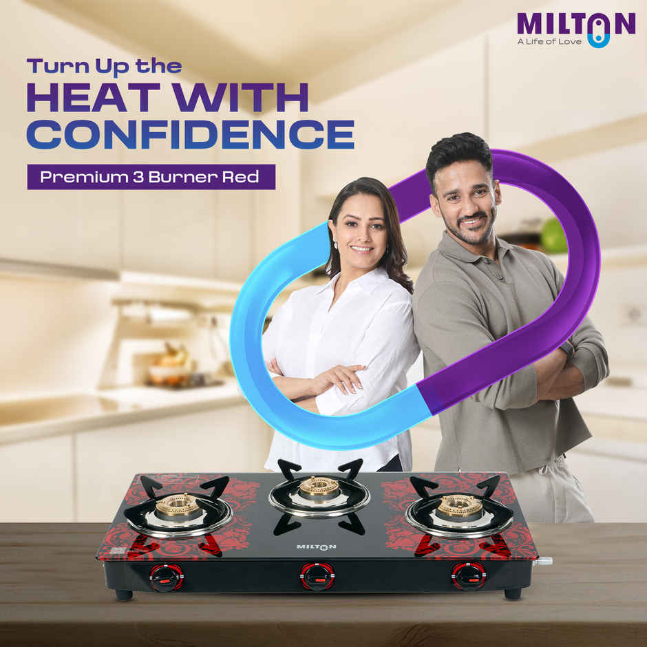 Milton Premium Red Manual Ignition Glass Top Gas Stove | ISI Certified | 3 Burner