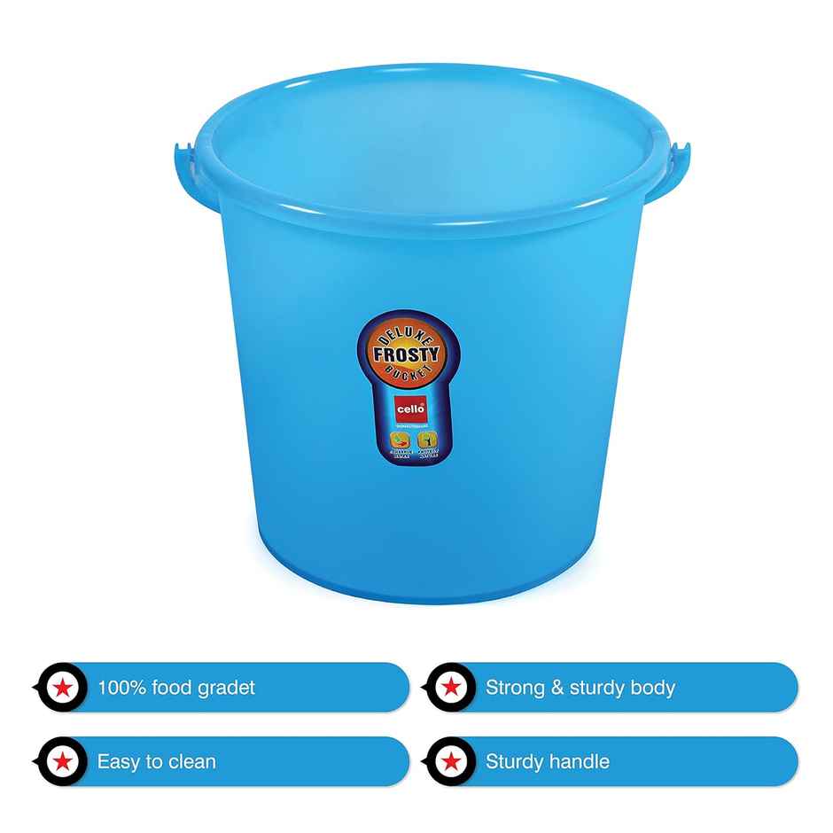 Cello Plastic Frosty Delux Bathroom Bucket 18 Liters, Blue | Easy Grip Handles