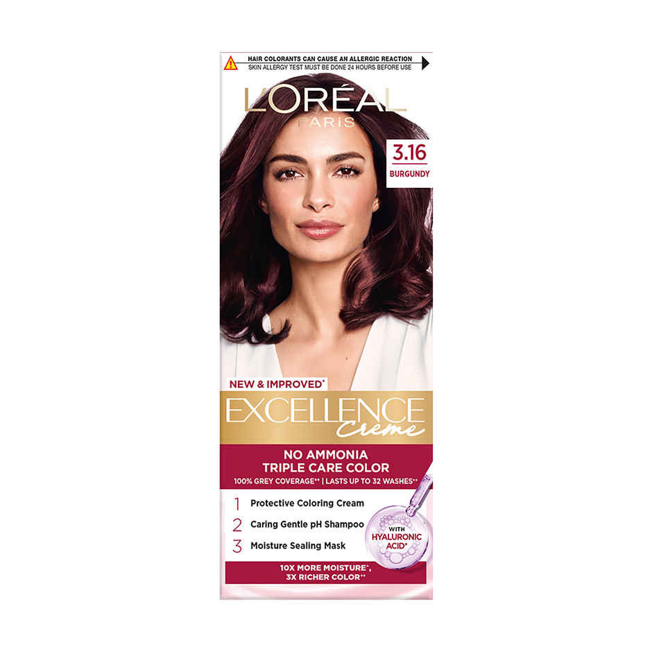 L'Oreal Paris New Excellence Creme Hair Color Mini Shade 3.16 Burgundy | 20g + 20ml + 5ml + 5g