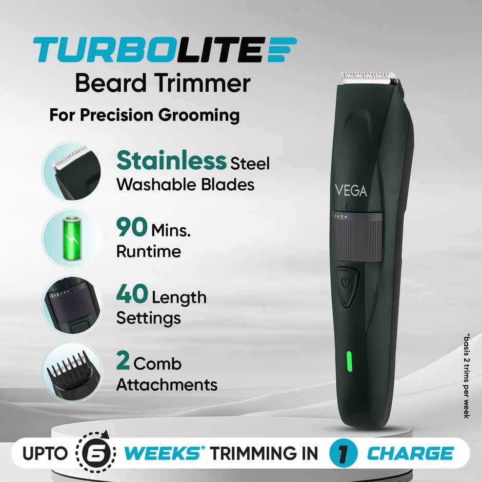 VEGA Turbolite Beard Trimmer for Men with 90 Min Runtime (VHTH-41) | USB Type C | 2 Comb Attachment