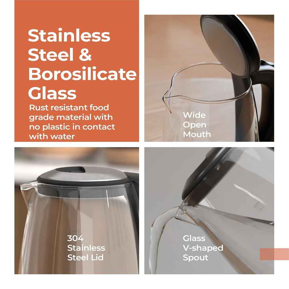 Lifelong Glass Kettle, 1350W, LED light Borosilicate, Auto Shut-Off, Cool Touch | Black - 1.8 L