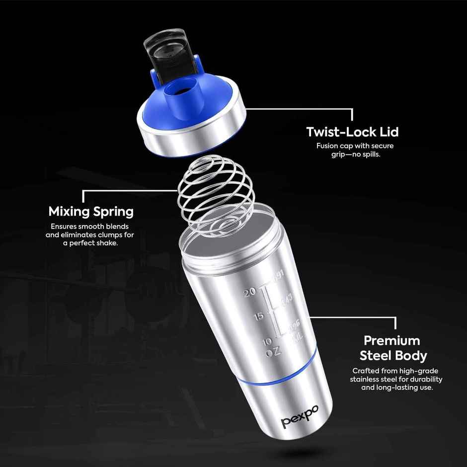 Go24 | Pexpo Kinetic Stainless Steel Gym Sipper with Extra Compartment | Blue & Steel | 850 ml