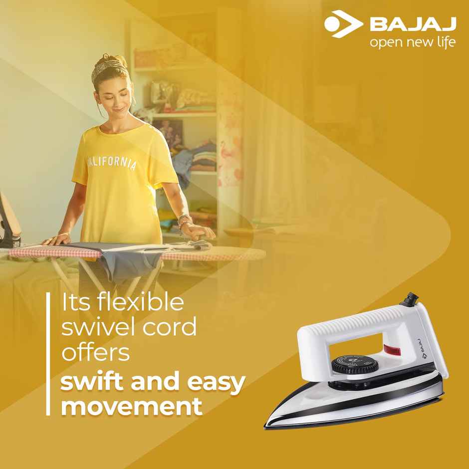 Bajaj Popular Light Weight 1000W Dry Iron | Advance Soleplate And Anti-Bacterial German Coating Technology | 360 Degree Swivel Cord | Cool Touch Handle - White