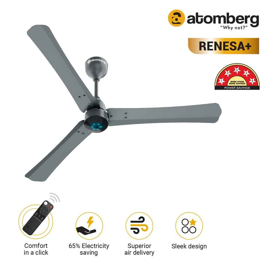 Atomberg Renesa+ BLDC Ceiling Fan,1200mm,Remote Control,BEE 5 Star Rated,LED Indicators,Sand Grey
