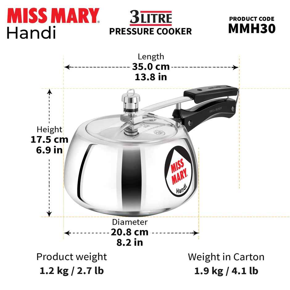 Hawkins 3 Litre Miss Mary Handi Pressure Cooker Inner Lid Cooker - Silver