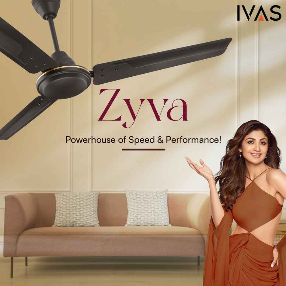 Ivas Zyva Ceiling Fan, 1200mm, 400 RPM, Star Rated, 210 CMM Air Delivery, Smoky Brown