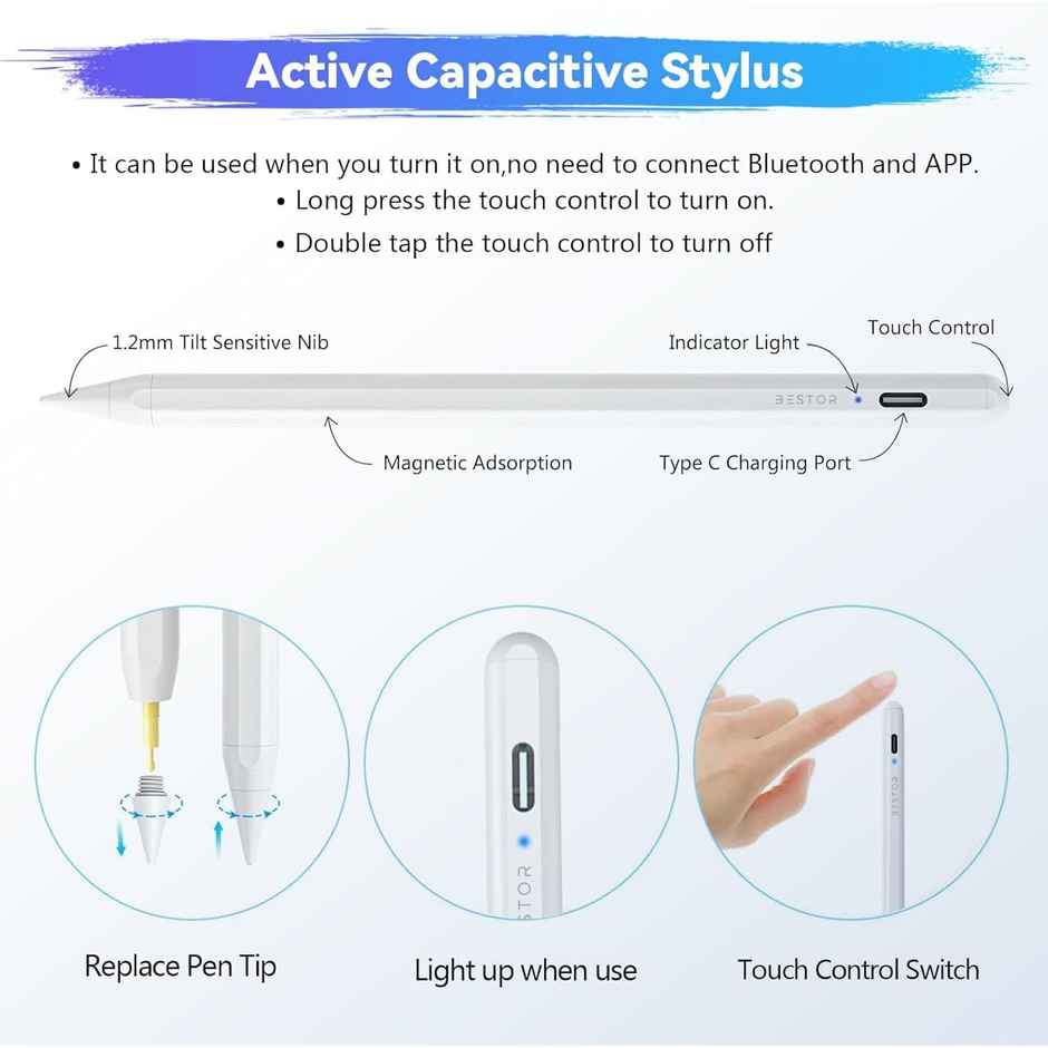 Bestor Universal Active Stylus Pen-Rechargeable,Magnetic Design,Precision Tip for Drawing and Note-Taking on Smartphones & Tablets