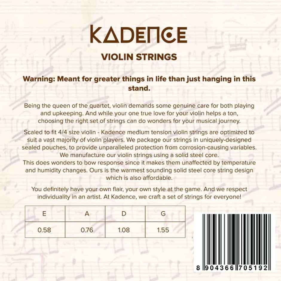 Kadence Violin String Set - Solid Steel Core for 1/4-4/4 Violins | Warm Tone