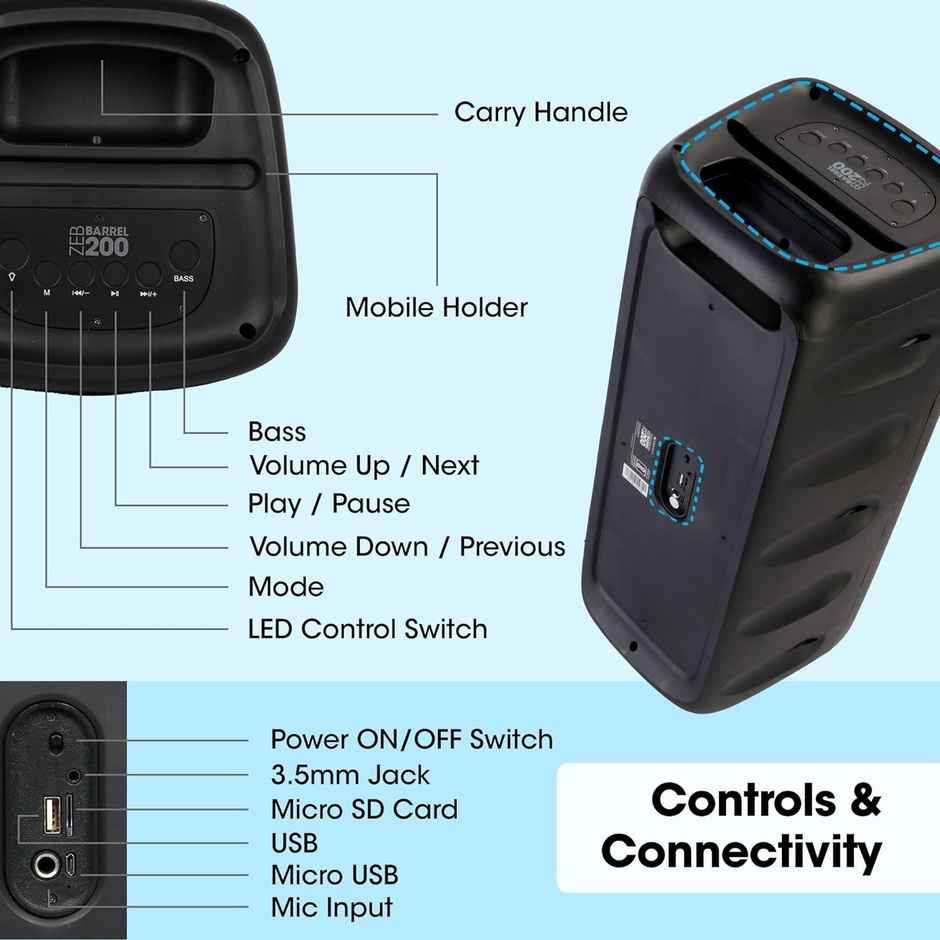 Zebronics Barrel 200 Bluetooth 5.0 Portable Speaker with 40W RMS, TWS, Wired Mic,Dual 6.5" Drivers