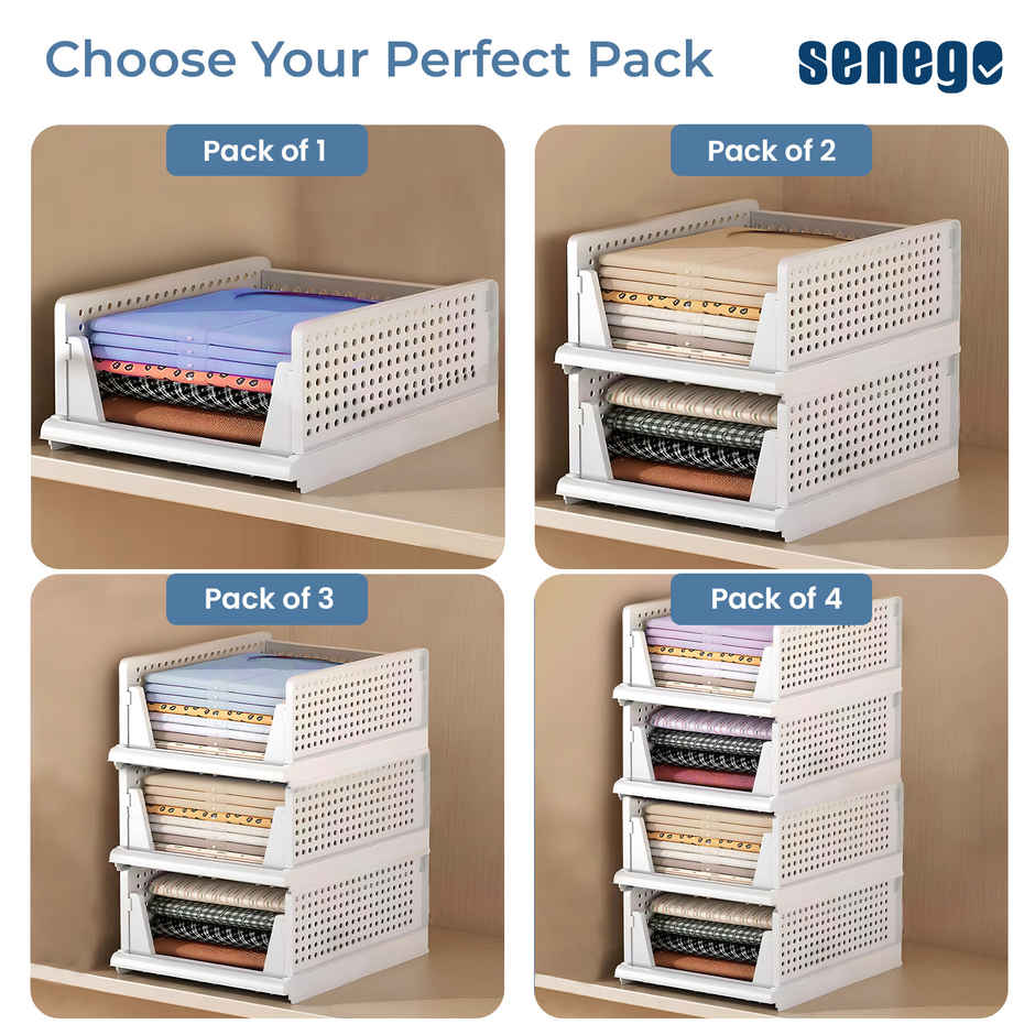 Senego Folding Wardrobe Clothes Organizer - Pack of 2, Stackable (White)