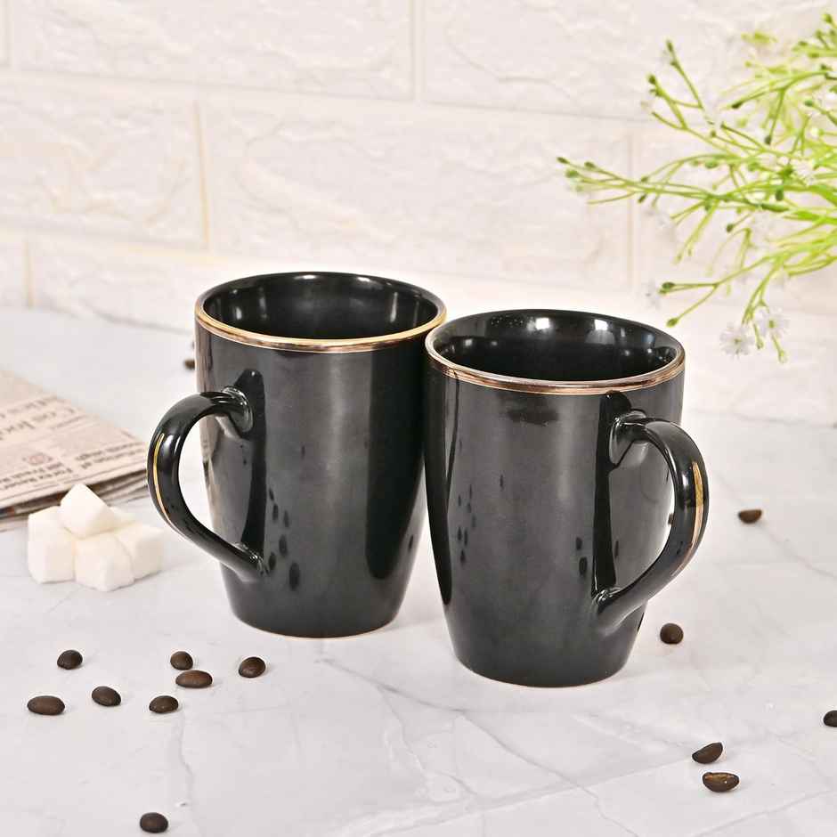 Femora Ceramic Coffee Mug - Set Of 2 (320Ml) 22K Liquid Gold Line Black