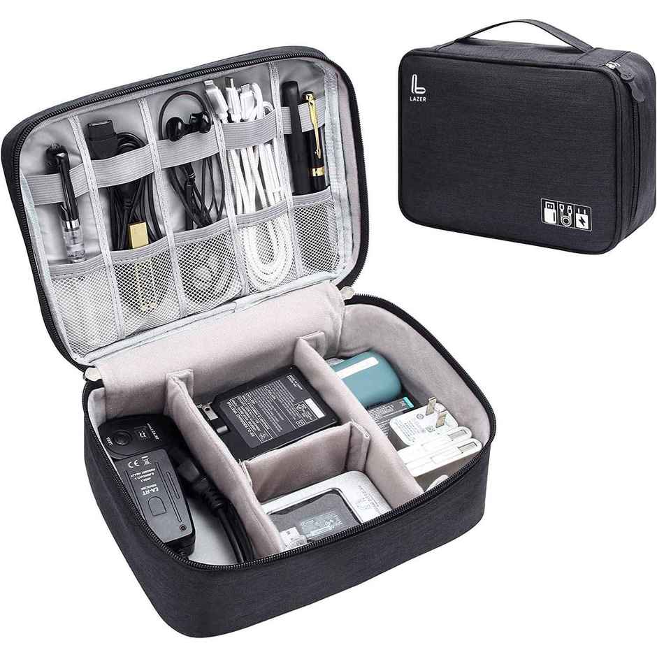 Lazer Polyester Electronics Accessories Organizer Bag | Universal Carry Travel Gadget Bag | Black