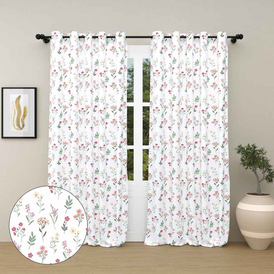 Haus & Kinder 100% Cotton Set Of 2 Door Curtains, Eyelet Rings - Floral Clusters