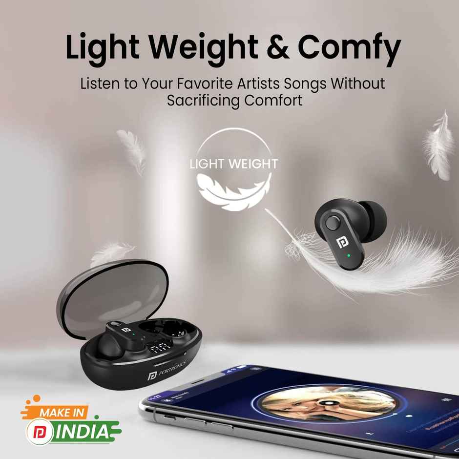 Portronics Harmonics Twins S16 in Ear TWS Wireless Earbuds with 24 Hrs Playtime, Clear Calls, Game & Music Mode, Low Latency, Bluetooth 5.3v, LED Display, Type C Fast Charging - Black