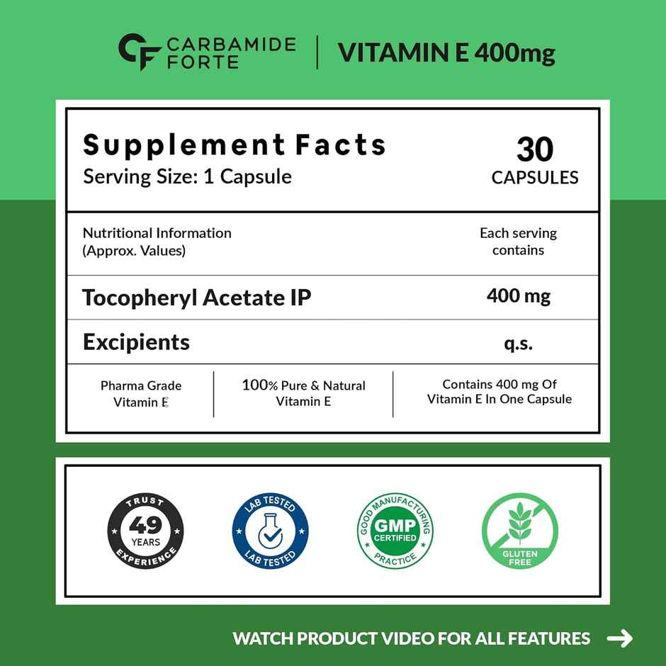 Carbamide Forte 400mg Vitamin E Capsules for Face and Hair with Vitamin E Oil- 30 Capsules
