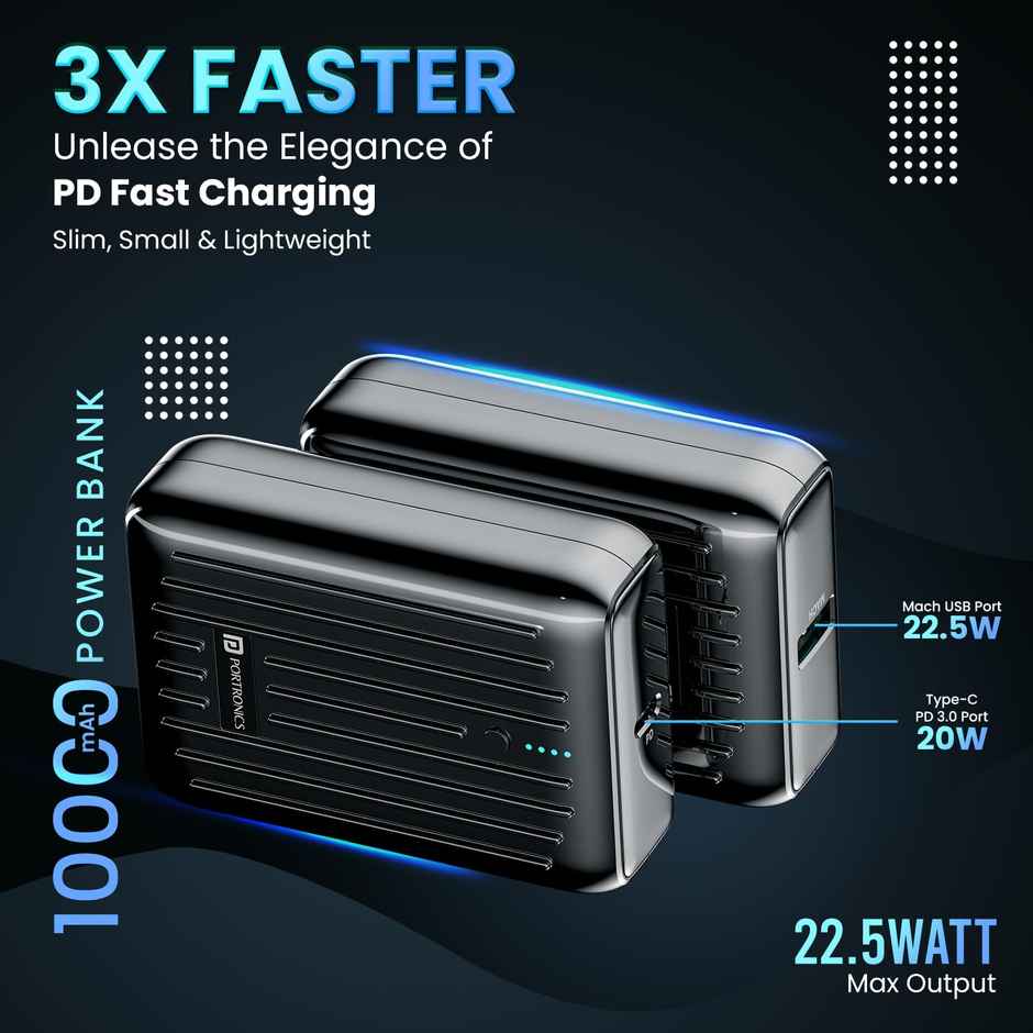 Portronics Zapcell 10k 10000mAh 22.5W Pocket Size Nano Powerbank with Compact and Light Weight Design,Type C PD Output/Input, Mach USB-A Output,Power Delivery,Quick Charge for iPhone, Androids - Black