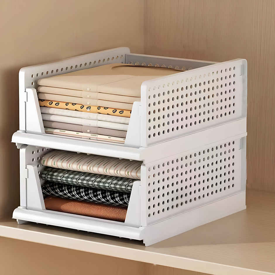 Senego Folding Wardrobe Clothes Organizer - Pack of 2, Stackable (White)
