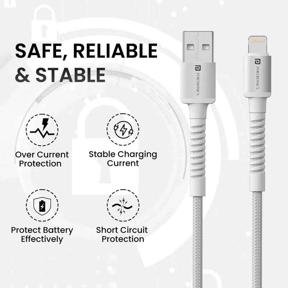 Portronics Konnect X 3A Nylon Braided USB to 8 Pin Fast Charging Cable | White - 2 m